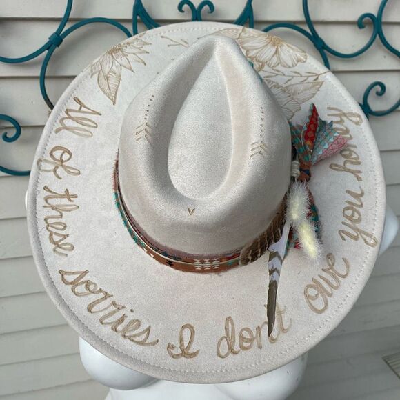 Hand Burned Hat | Wide Brim Hat | Branded Hat | wildflowers faux suede hat | All
